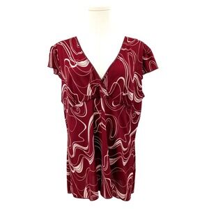 Von Mozart Women's 2X Red Abstract Swirl Print Top – Short Sleeve V-Neck‎ Blouse